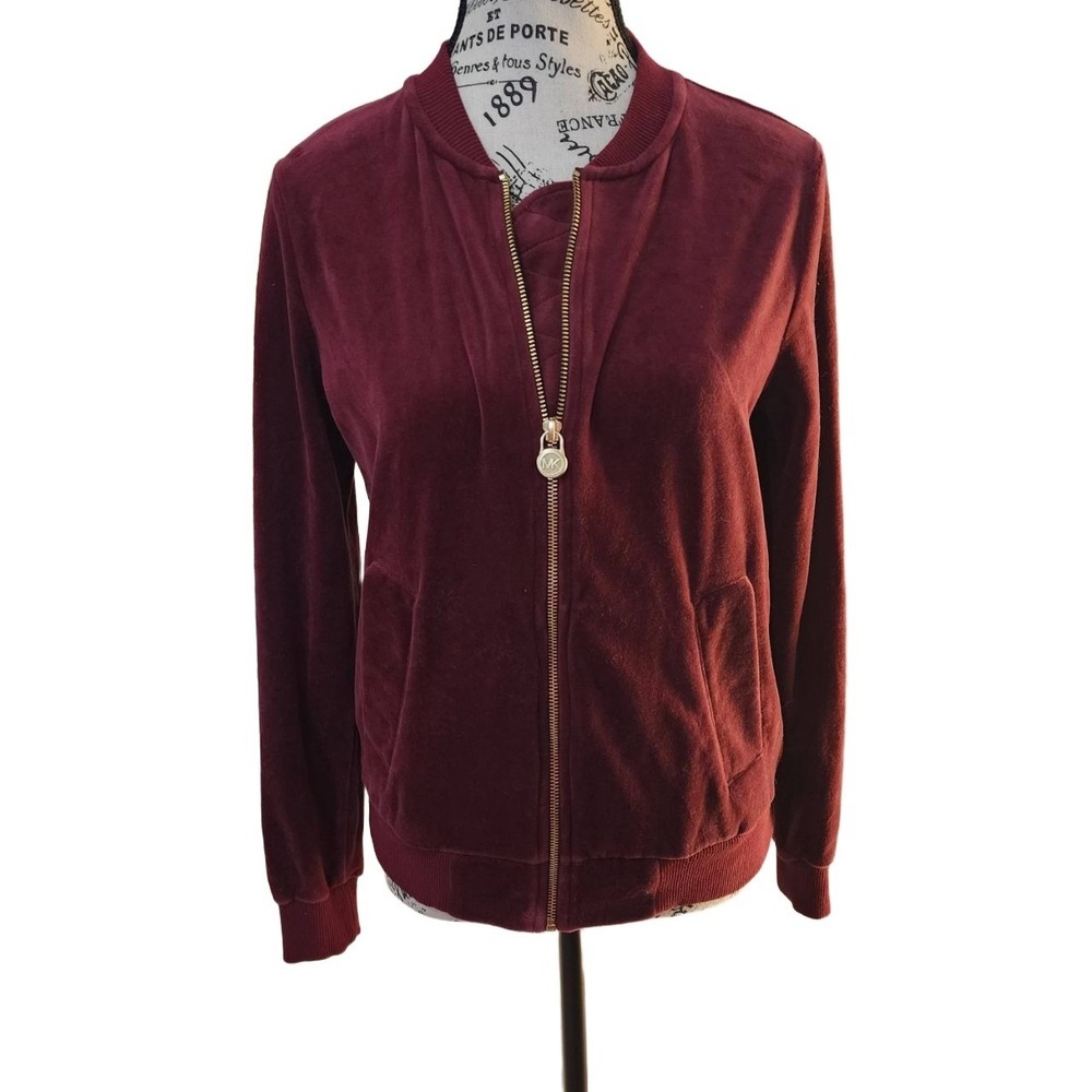 MICHAEL Michael Kors Burgundy Velour Bomber Jacket Gold Logo Zip Size S